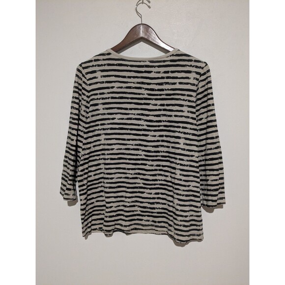 Norm Thompson Prima Womens 3/4 Sleeve Painted Striped Shirt Top L Tan Black - Picture 2 of 4